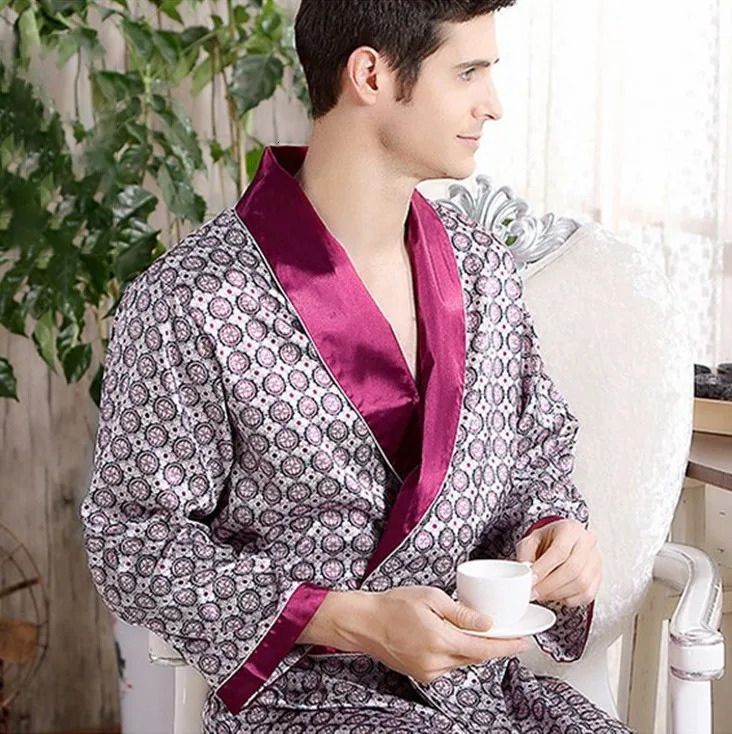 Mens Robe Nightgown Satin Kimono Bathrobe Gown Casual Sleepwear Plus Size Print Gold Home Dressing Gown 3XL 4XL 5XL 240428