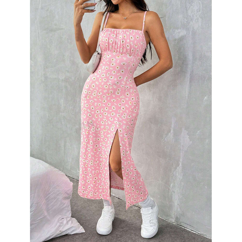 2024 autumn suspender chest high slit daisy leopard print long dress with wrapped buttocks