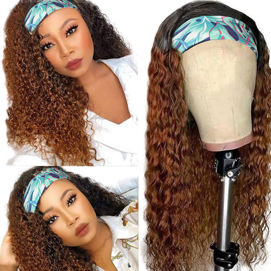 Ombre Blonde Headband Human Hair 1B/Bury 99J Brown Highlight Headbands Brazilian Deep Curly Ponytail Scarf Wig