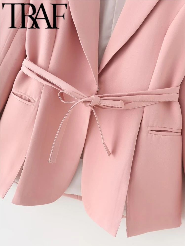 TRAF GAL Elegant Women Pink Waist Tied Blazer Suits Long Sleeve Office Jacket Female Flared Pants Sets Y2K Spring Trousers 240423