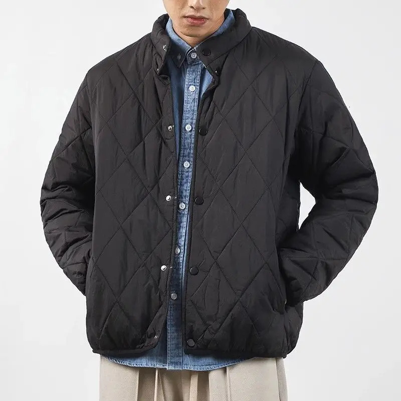 Standing Collar Cotton Quilting Jacket Coat Men Thick Winter Warm Cotton Diamond Grid Coat Lightweight Casual Jacket Outerwear 241126