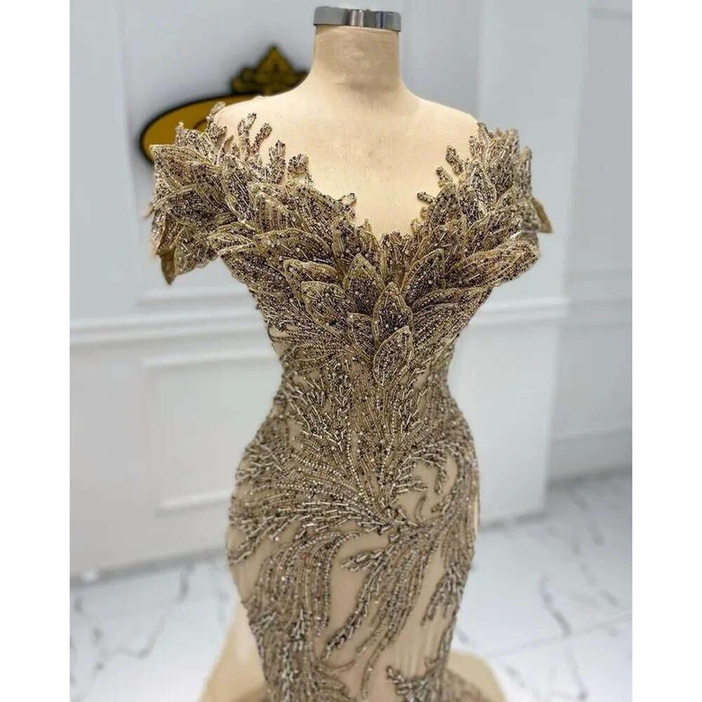 Arabic Ebi Size Plus Aso Mermaid Urious Gold Prom Dresses Beaded Stylish Evening Formal Party Second Reception Gowns Dress Zj
