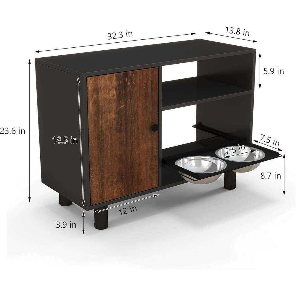 Pet Feeder Station With Double Stainle Steel Bowl Large Cabinet Durable, Rut-Proof, Odorle For Storage - Perfect Dog And Cat Food Storage(Black+Vintag