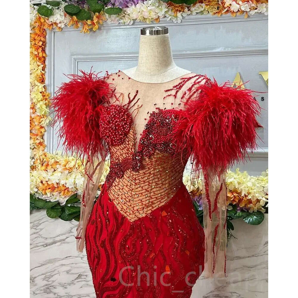 Mermaid AMVCA Aso Red Ebi Prom Beaded Crystals Feather Evening Formal Party Second Reception Birthday Engagement Gowns Dress Robe De Soiree Zj 6660306
