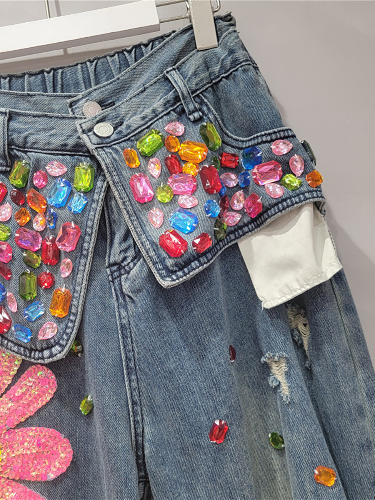 Women Jeans Patchwork Pockets Elastic Waist Sequins Wer Dia Broken Holes Denim Pants Autumn New Fashion jeans for women