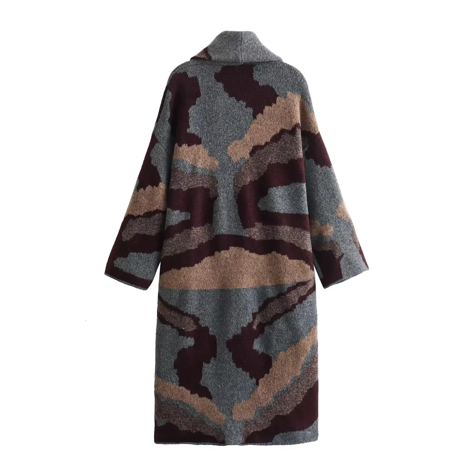 Elegant Jacquard Knitted For Women Lapel Long Sleeves Pockets Cardigan Coat Female Street Shawl Overcoat 2756/105