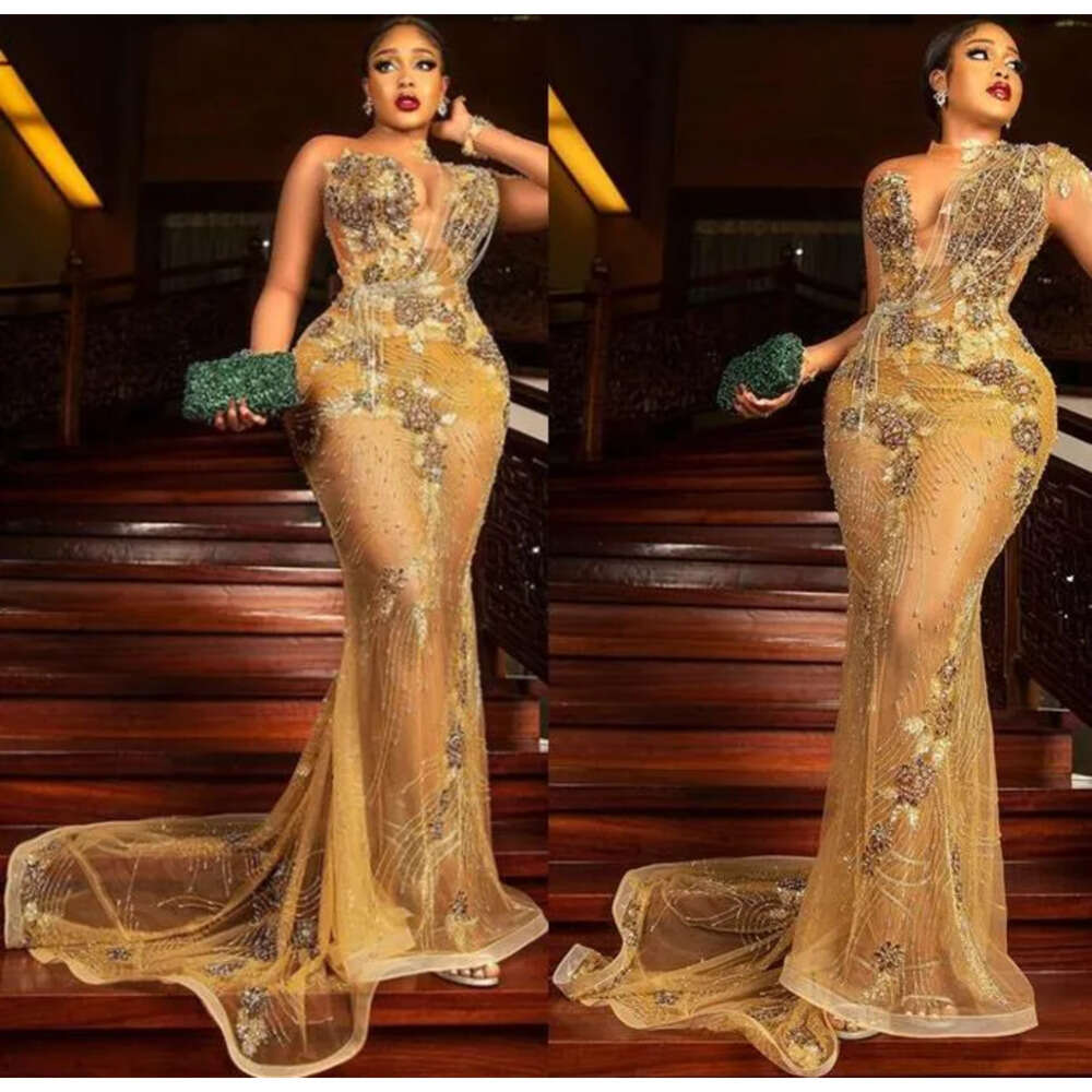 Aso Plus Ebi Arabic Size Gold Urious Mermaid Prom Dresses Lace Beaded Sheer Neck Evening Formal Party Second Reception Gowns Dress Zj 6660306