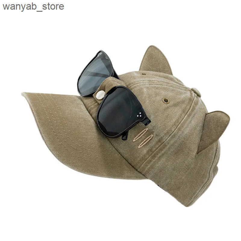 Ball Caps Washed baseball cap with glasses suitable for both women and men cat ear pilot snap cap gorilla outdoor sun hat unisex style L240910