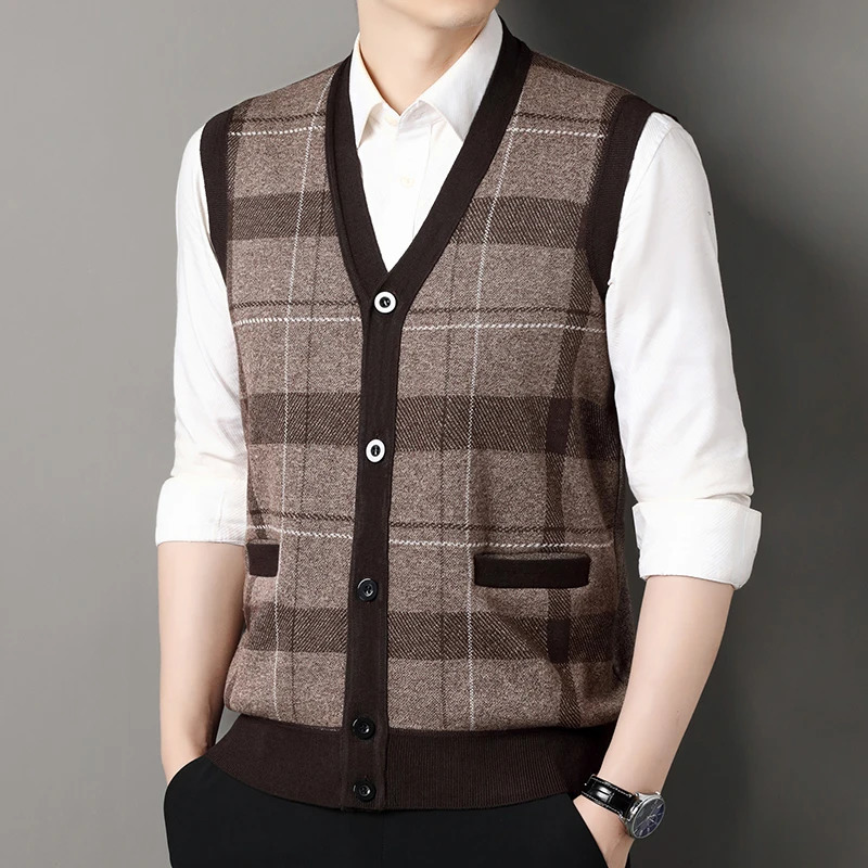 Mens Sweater Vest Casual Sleeveless Knit Jackets Men Fashion Plaid Vneck Cardigans Man Clothes Knitted Waistcoat 241129