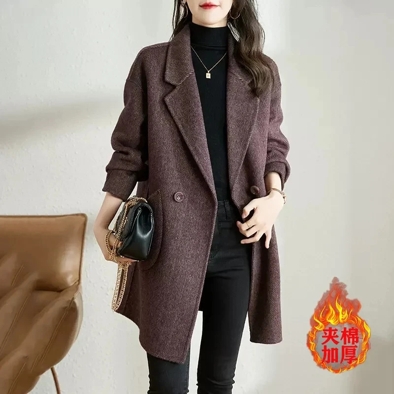 Woolen Jacket Women 2024 Autumn Winter Korean Style Temperament Thickened Warm Medium Long Herringbone Pattern Coat 241129