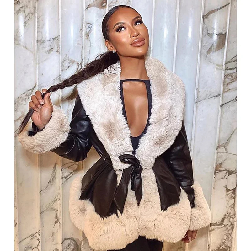 DISCVRY PU Leather Short Jacket Fashion Tie Belt Waist Coat Elegant Side Pockets Faux Fur Jackets Female Ladies 241129