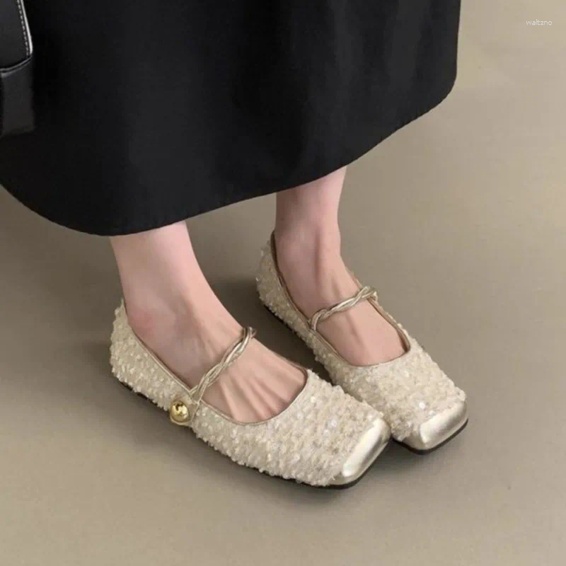 Casual Shoes Women's Costume Tweed Mary Janes Square Toe Designer Bg Ballet Flats For Woman Gold atos Mujer 1791N