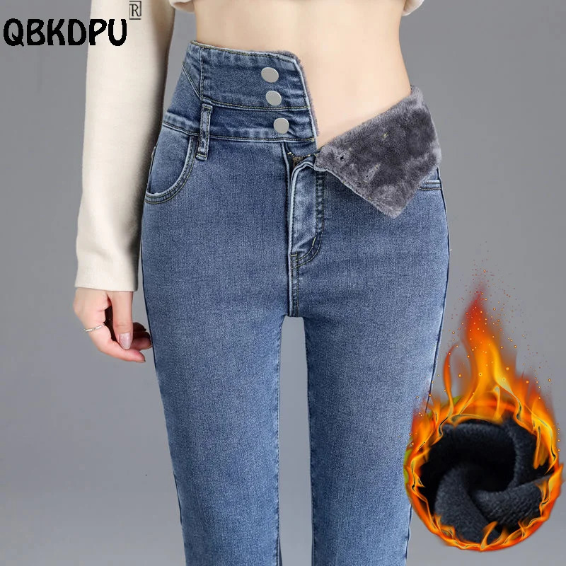 Womens winter thick velvet lined tight denim pants streetwear casual pencil jeans high waisted warm buttons flight elastic Vaqueros 241122