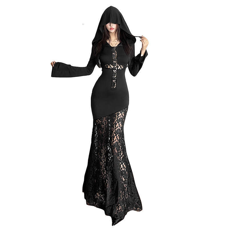 Wind 2024 Autumn New Women's Gothic Style Black Lace Unique Cross Sewing Dress