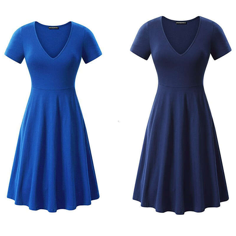 Spring Summer European And American Plus Size Solid Color V-Neck Short Sleeved Simple Loose Dress Trendy Clothing Fashionable Casual Temperament B4