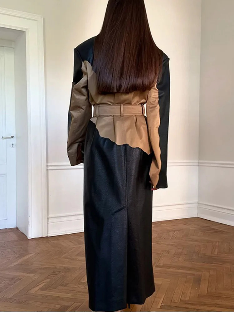 Chic Contrast Faux Leather Womens Long Jacket Lapel Open Front Thicken Trench Coat Winter Autumn Warm Outerwear With Belt 241129