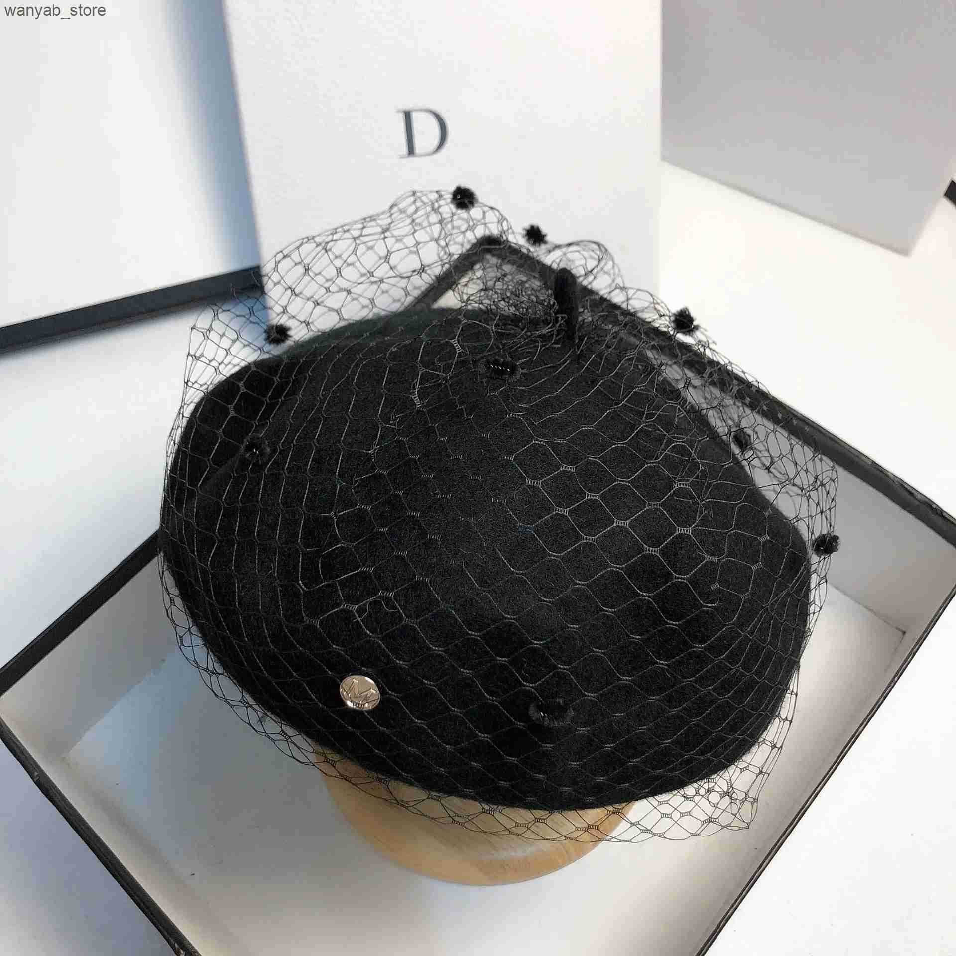 Berets Fascinating Mesh Veil Wool Beret Autumn Winter Warm Beanie Hat Vintage Felt Casual Painter Hats Female French Caps L240910