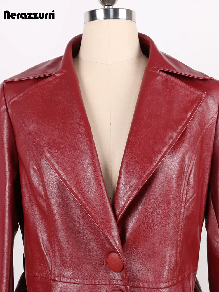 Nerazzurri Spring Autumn Fitted Long Pu Leather Trench Coat for Women Sashes Single Breasted Elegant Chic Clothes 2024 241129