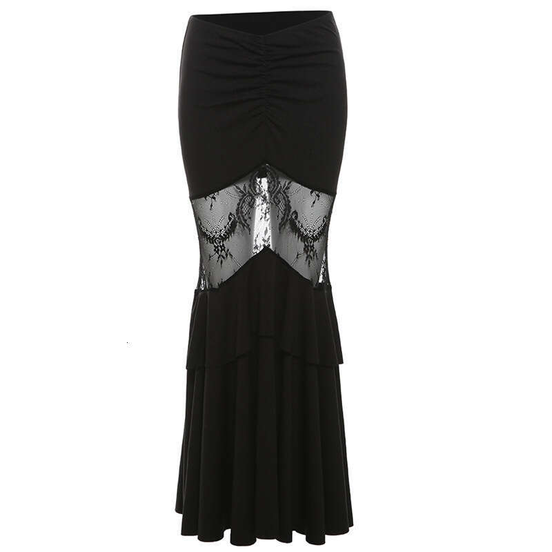 Wind 2024 summer new women's clothing dark style temperament lace splicing perspective large swing skirt