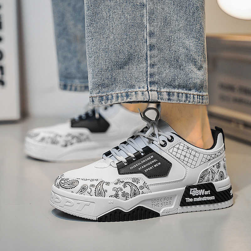 summer new leather cashew flower color blocked low top college style casual sports board shoes thick soled height increasing mens shoes M241129