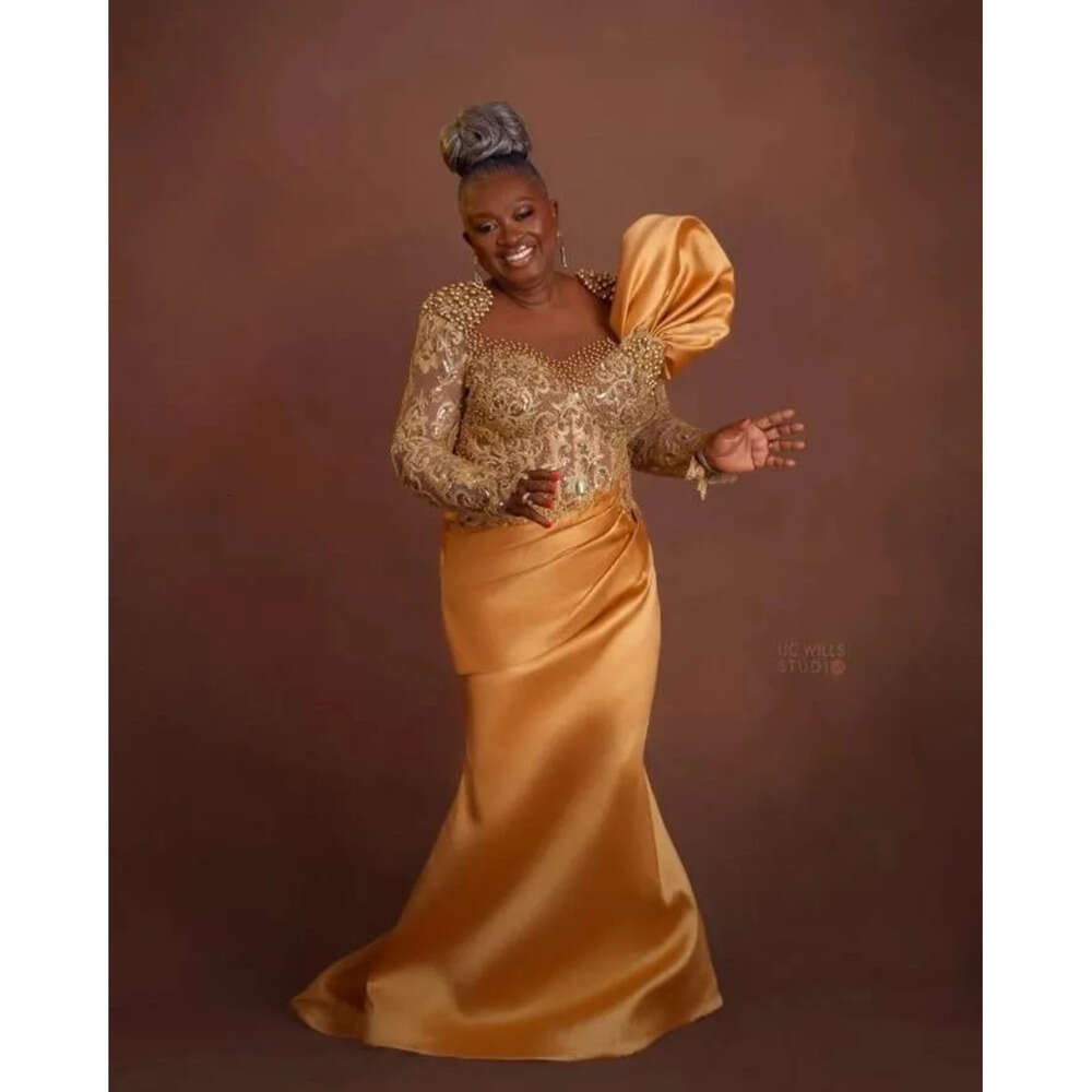 Arabic Gold Aso Ebi Nov Mermaid The Bride Dresses Satin Lace Beaded Evening Prom Formal Party Birthday Celebrity Mother Of Groom Gowns Dress Zjt 66603