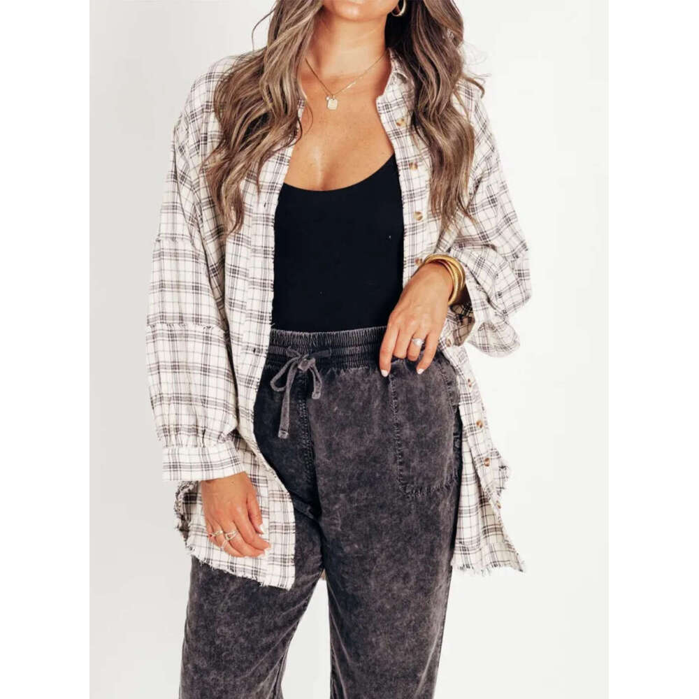 European American Foreign Trade Women's Clothing Autumn Winter New Style With Fringed Lantern Sleeves, Loose Button Checkered Shirts, Trendy Clot