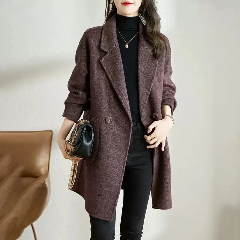 Woolen Jacket Women 2024 Autumn Winter Korean Style Temperament Thickened Warm Medium Long Herringbone Pattern Coat 241129