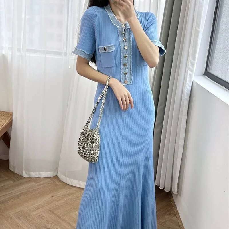 Elegant V Neck Denim Patchwork Knit Maxi Women's Fashion Short Sleeve Button Slim Dress Office Ladies Pocket Robe