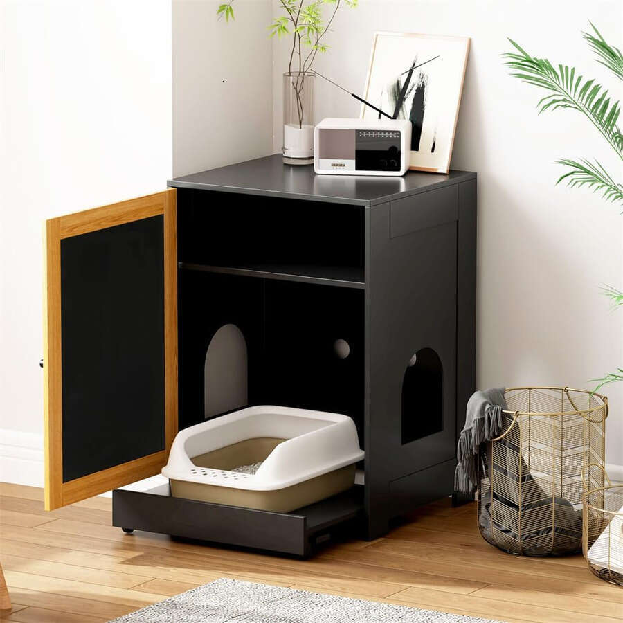 Furniture Corner Enclosure Kitty End Table With Scratching Board Door And Pull-Out Box Board, Litter Cabinet Hidden Cat Washroom Black