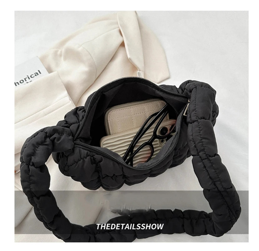 Quilted Pleated Shoulder Bags for Women Padded Bag Nylon Handbags Bucket Purse Cloud Bubbles Hobo Puffer Tote 241128
