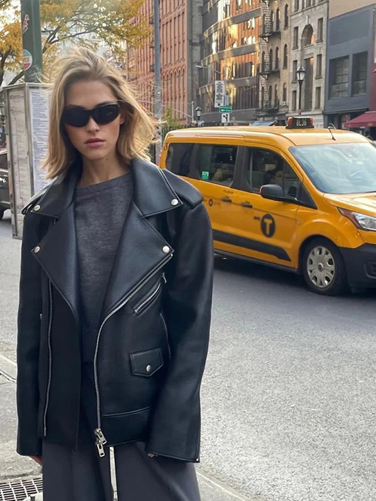 Street PU Leather Womens Jackets Lapel Long Sleeves Zipper Female Coats 2024 Autumn Motorcycle Casual Loose Lady Outwears 241129