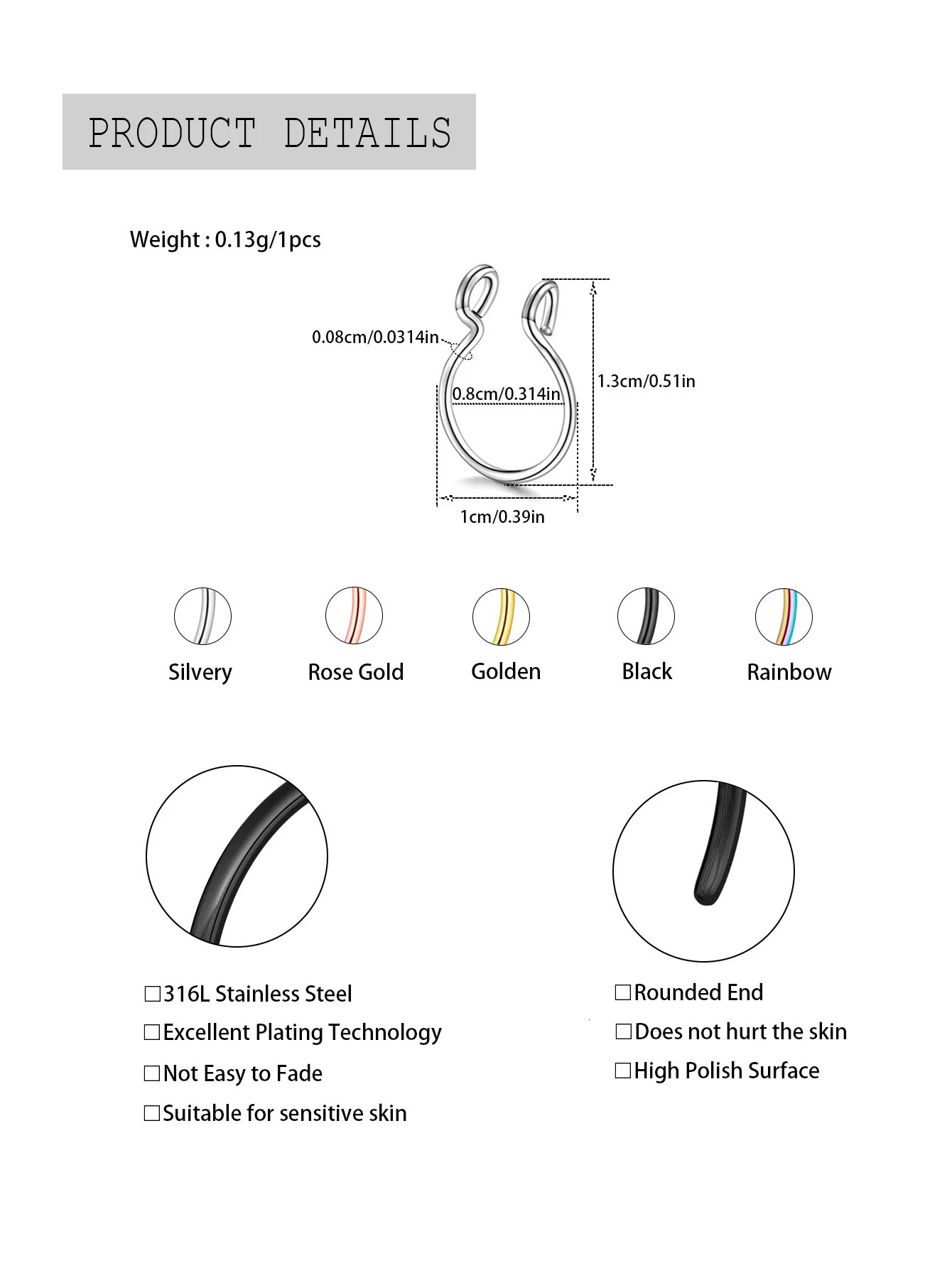 1Pc5pcs Set Horseshoe Nose Ring falseU Shaped Nath false Septum Rings316L Stainless Steel PiercingNon Pircing 241125