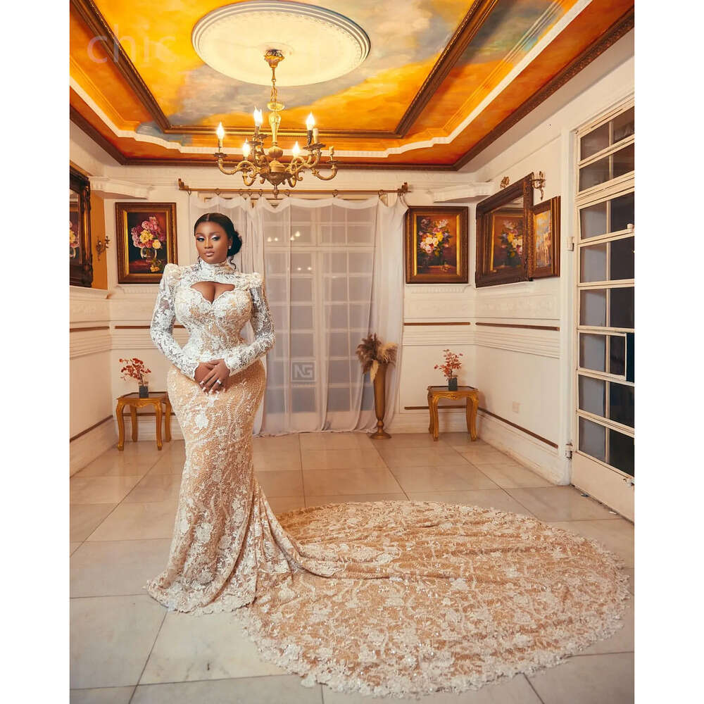 Arabic Plus Aso Ebi Size Illusion Mermaid Wedding Dress Lace Backless Luxurious Bridal Gowns Dresses Zj Es