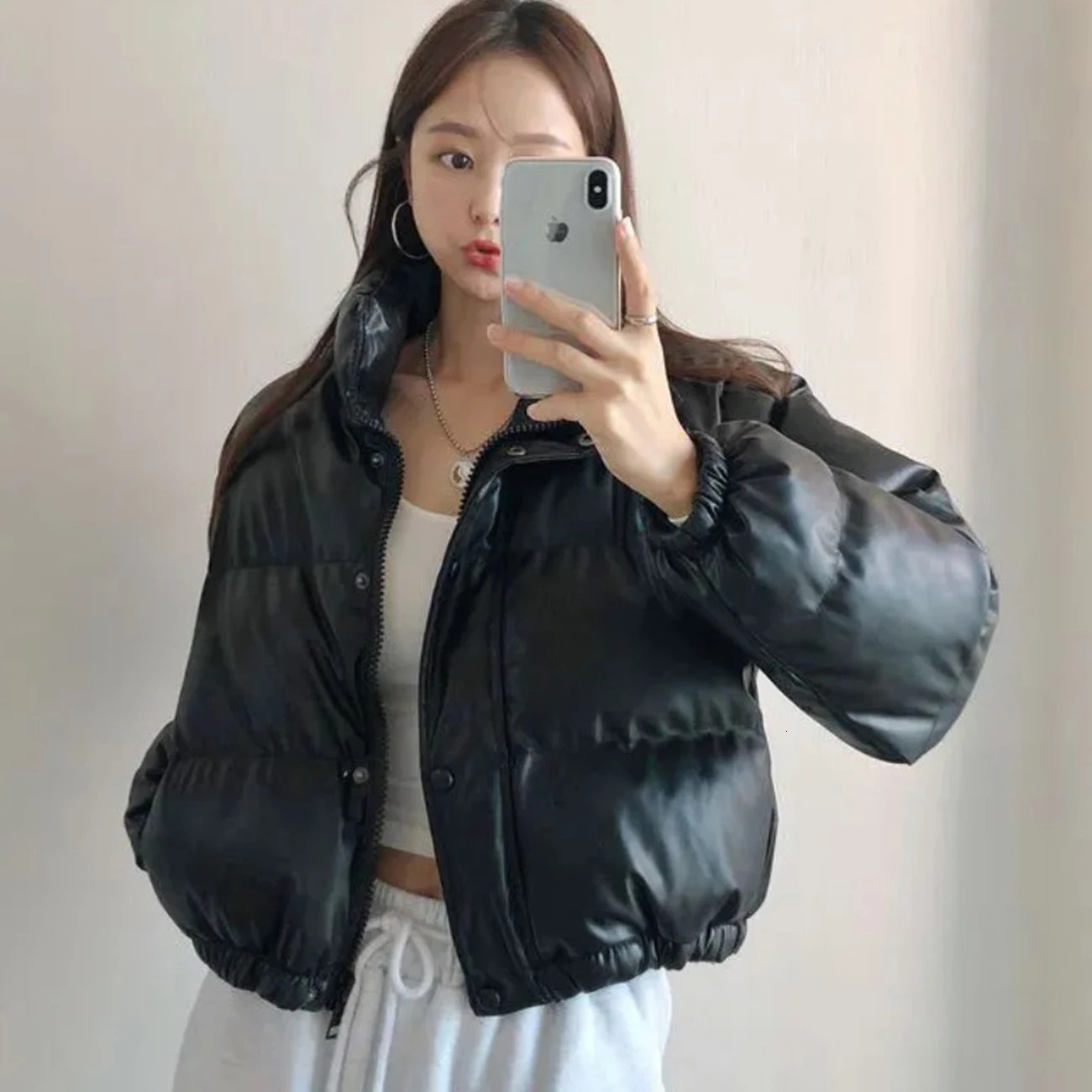 Ai.Fashion Winter Thick Black Faux Leather Parkas PU Short Coats Women Elegant Zipper Padded Jackets Female Ladies
