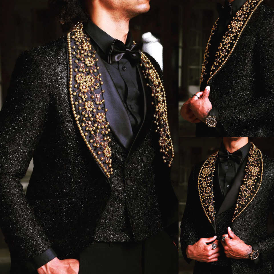 Vintage Men's Suit 3 Piece Set Pearls Tailored Blazers Shawl Lapel Beading Groom Jacket One Button Special Design Prom Custom Made (Coat+Vest+Pan