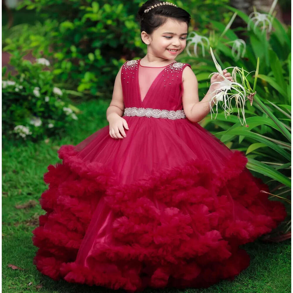 Ball Flower Bury Crystals Dresses Gown Tiers Vintage Little Girl Christmas Peageant Birthday Christening Tutu Dress Gowns Zj S