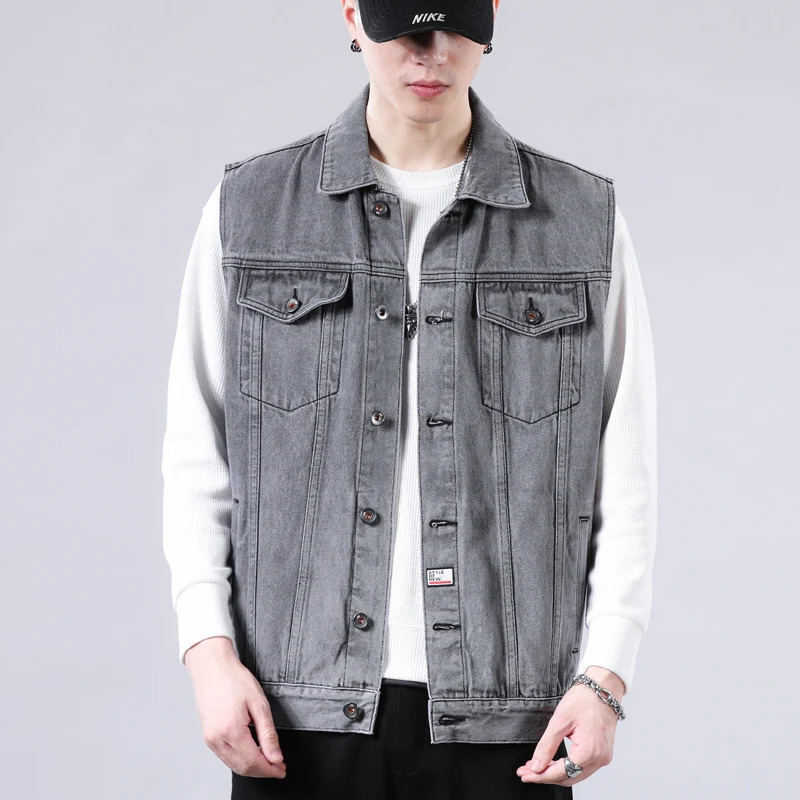 Autumn Denim Vest Mens Blue Sleeveless Jacket Retro Street Clothing Fashion Loose Motorcycle Pocket Coat 241129