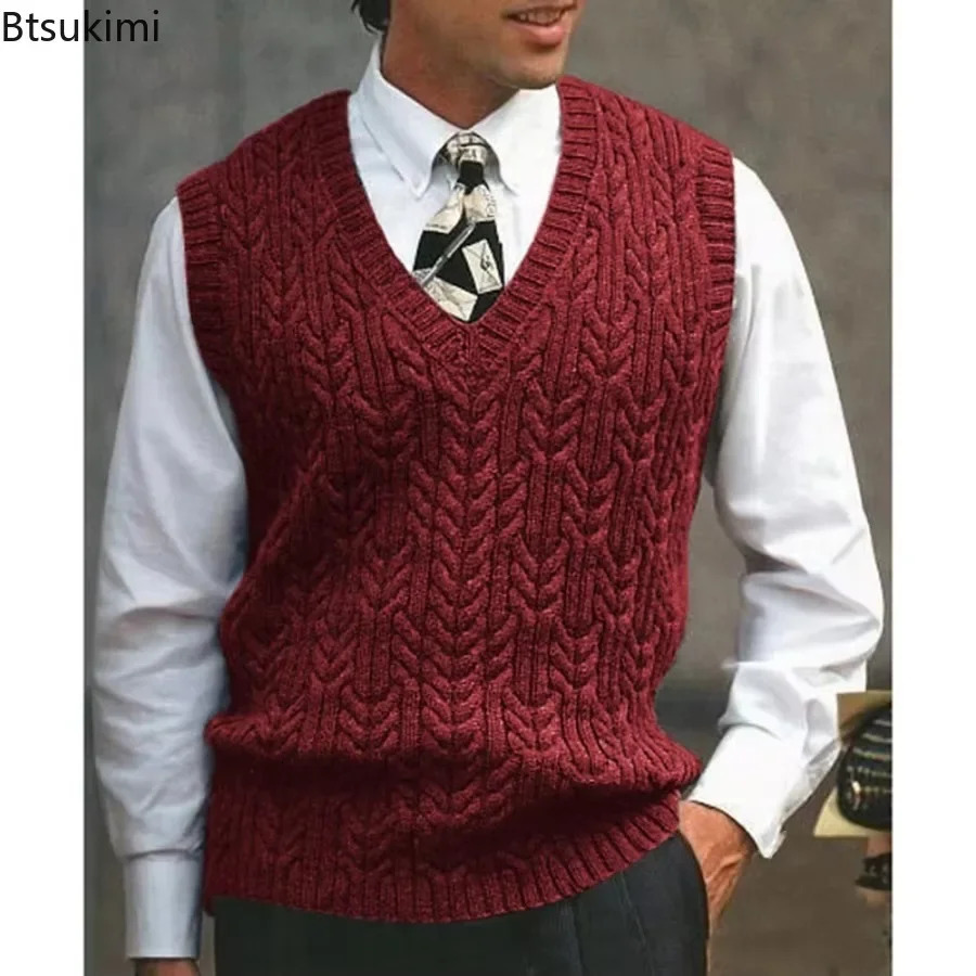 2025 Mens Autumn Winter Warm Casual Knitted Sweater Vest Sleeveless V Neck Fleece Western Sweaters for Men Sueter Para Hombre 241129