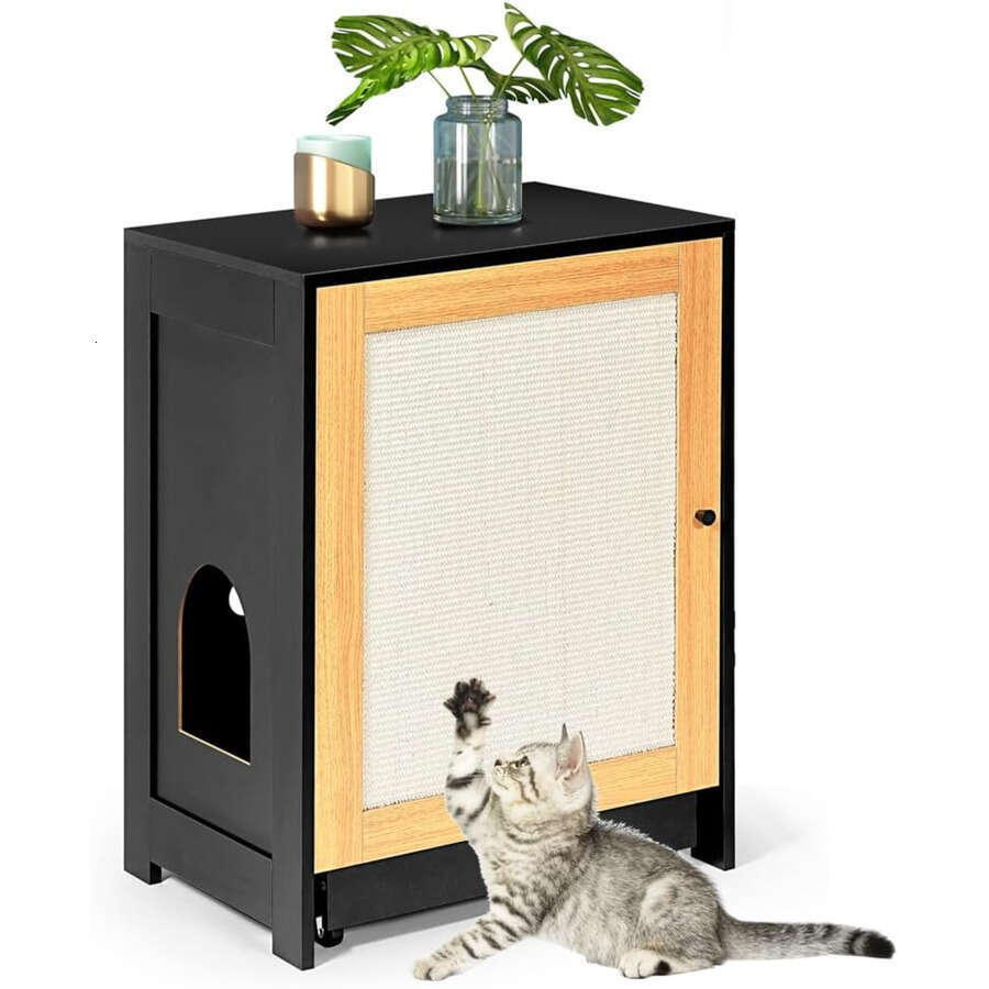 Furniture Corner Enclosure Kitty End Table With Scratching Board Door And Pull-Out Box Board, Litter Cabinet Hidden Cat Washroom Black