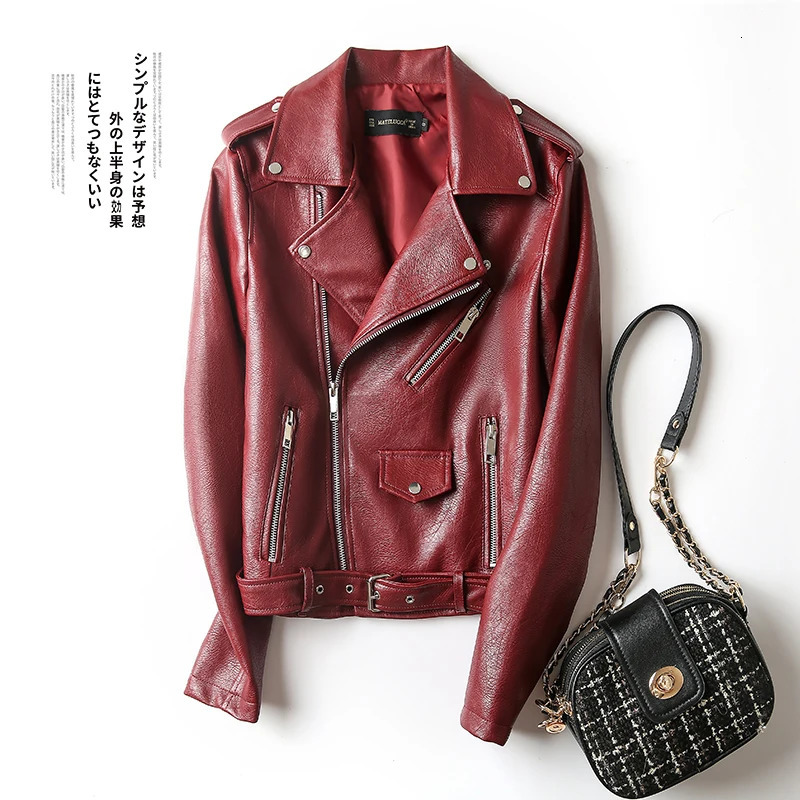 FMFSSOM 2024 Soft Faux Leather Women Jackets Red PU Fashion Long Sleeves Formal Windproof Basic Multicolor Moto Biker Coats 241129