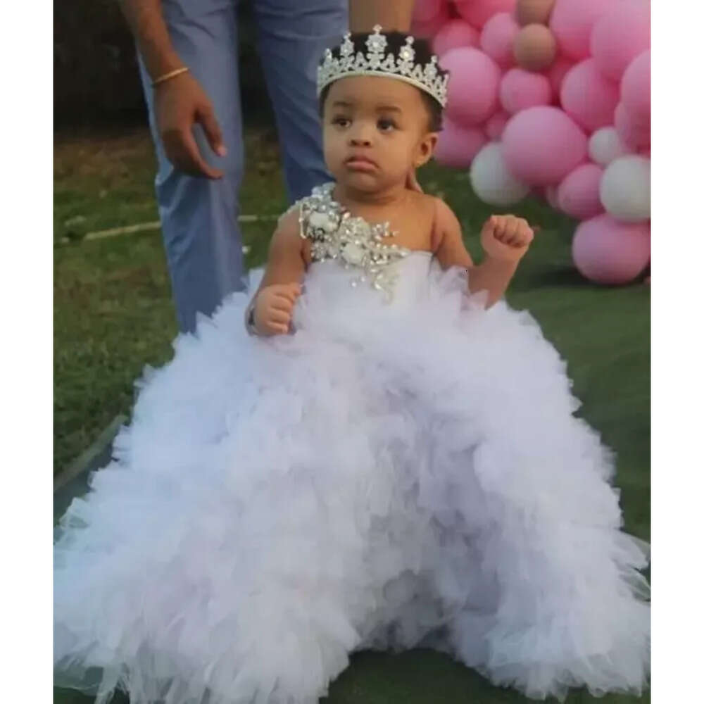 Tutu Flower White Crystals Luxurious Girl Dresses Beaded Sheer Neck Tiers Tulle Lilttle Kids Birthday Pageant Weddding Gowns
