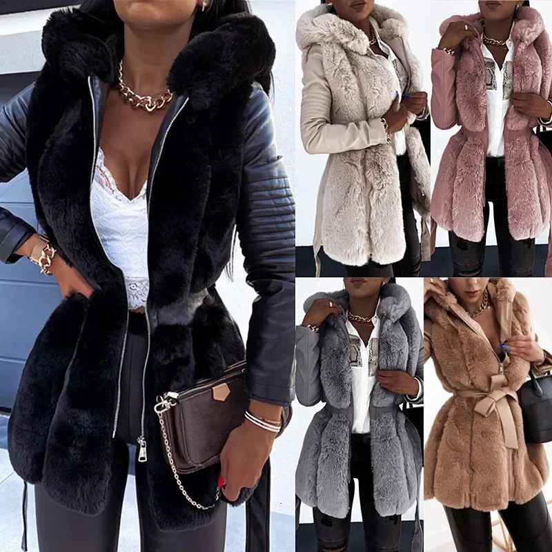 Zip Jacket Outwear Clothing Long Sleeve Fur Womens Belt Hooded Solid Color Winter Keep Warm Fashion Faux Leather Jackets 241129