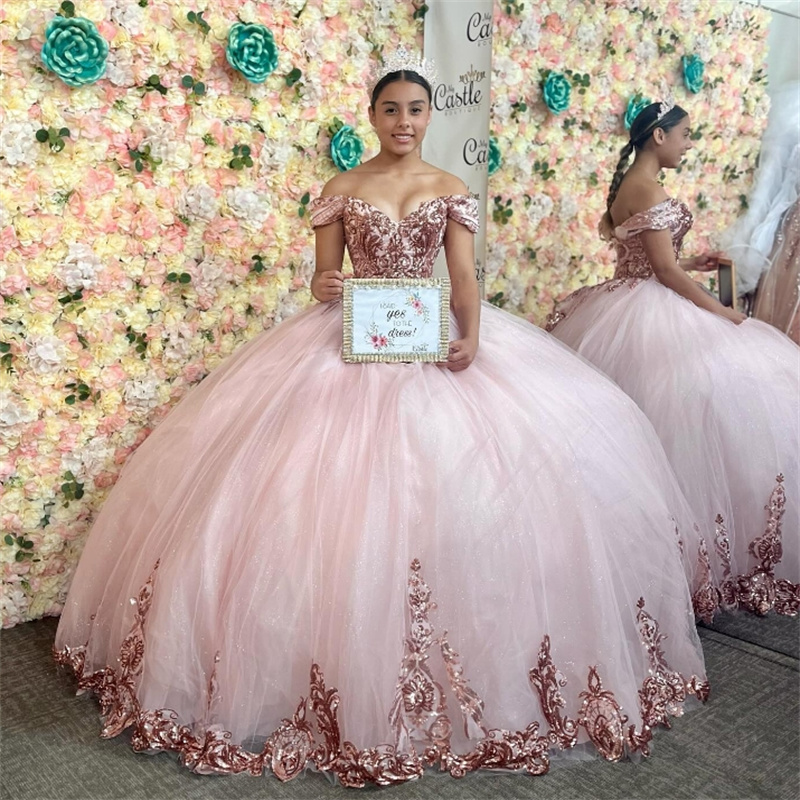 Luxury Pink Quinceanera Dresses Charro Sequin Vestidos De 15 Anos Quinceanera Birthday Pageant Gown Off Shoulders Sparkly Special Occasion Dress