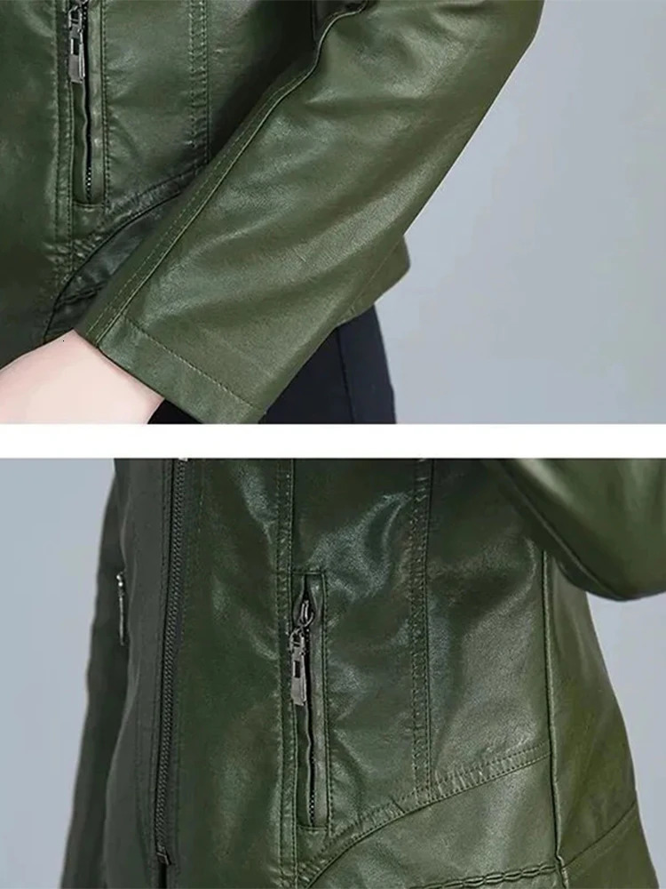 Stylishe Short Faux Leather Jacket Women Green Zipper Korean Style Office Lady Blazer Coat Slim Black Female Jackets Spring Fall 241129