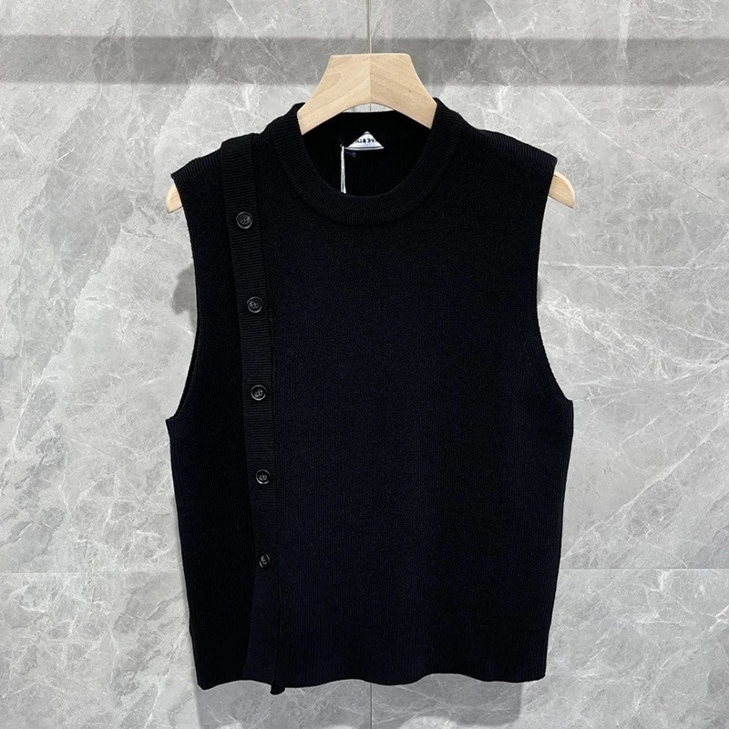 Mens Knitted Pullover Sweater Vest Casual Streetwear Button Solid Color O Neck Sleeveless Loose Stylish Vintage Knitwear 241129