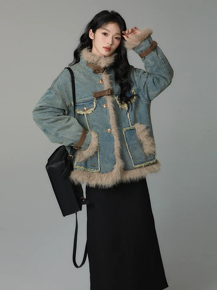 REDDACHiC Hippie Fuzzy Trim Denim Jacket Womens Coat Faux Fur Patchwork Frayed Casual Warm Winter Outwear Retro Y2k Windbreaker 241129