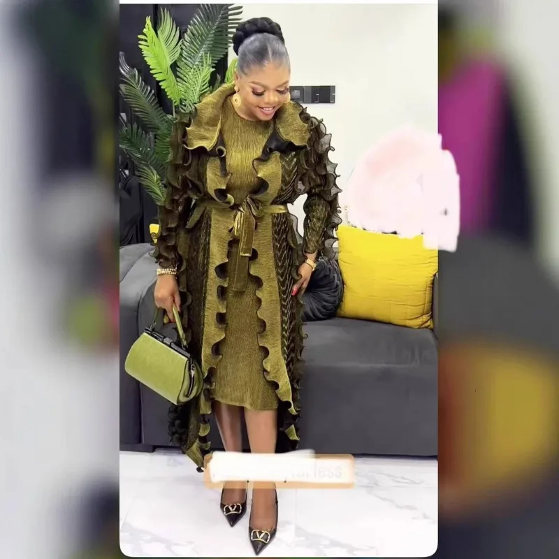 2024 Womens Dress Set with Mushroom Lace Long Sleeve Mesh Coat Large Size Tank Top Skirt Tight Sexy Two Piece 241129