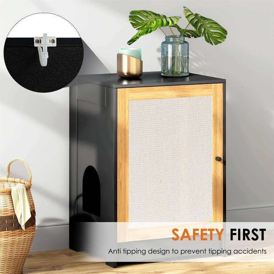 Furniture Corner Enclosure Kitty End Table With Scratching Board Door And Pull-Out Box Board, Litter Cabinet Hidden Cat Washroom Black