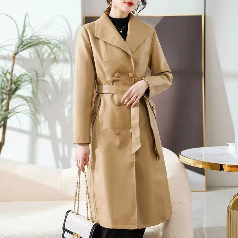 Lautaro Autumn Black Waterproof Pu Leather Trench Coat for Women Long Sleeve Belt Double Breasted Fashion 241129