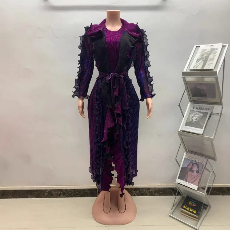 2024 Womens Dress Set with Mushroom Lace Long Sleeve Mesh Coat Large Size Tank Top Skirt Tight Sexy Two Piece 241129